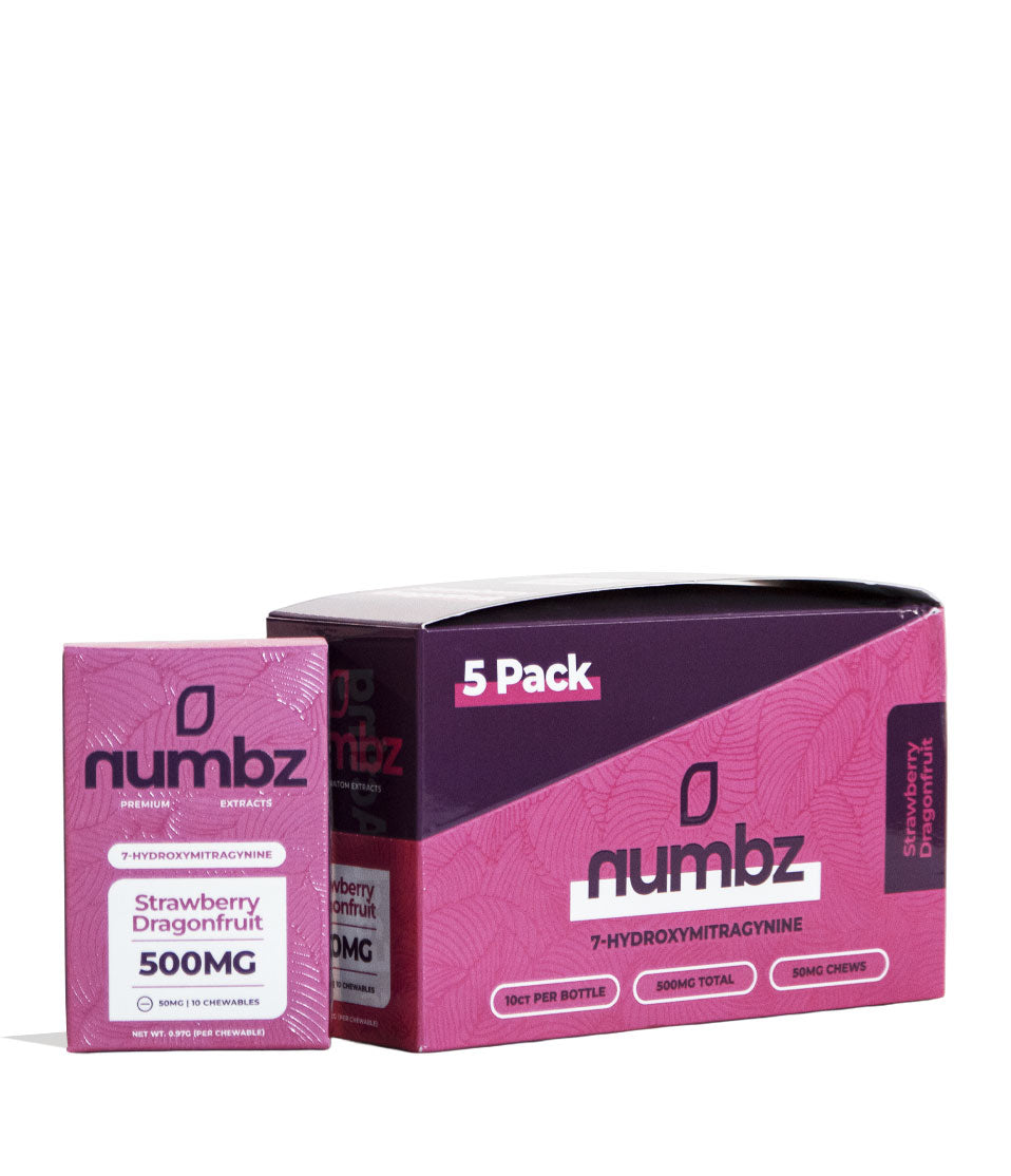 Strawberry Dragonfruit Numbz 7-OH + MIT Chewable Tablets 500mg 5pk Front View on White Background
