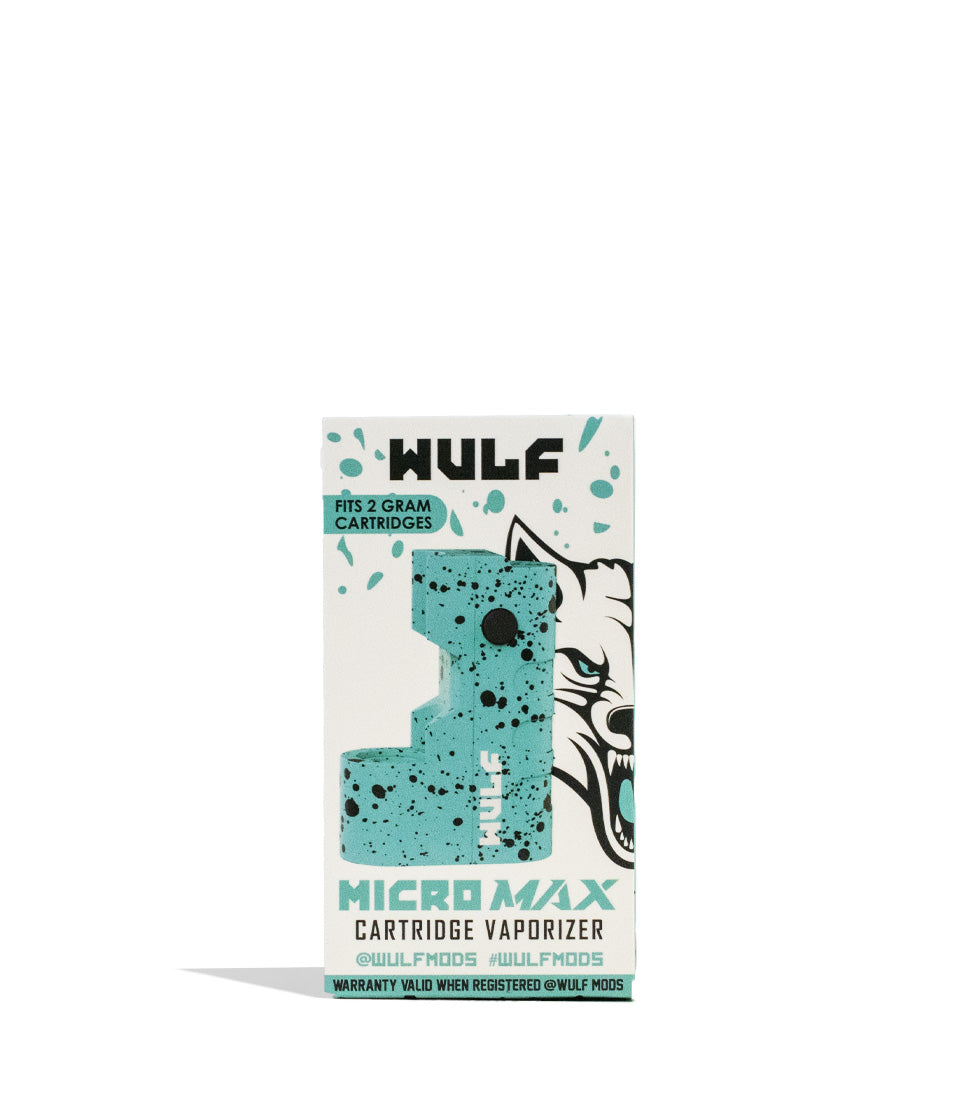 Teal Black Spatter Wulf Mods Micro Max 2g Cartridge Vaporizer 9pk Packaging Front View on White Background