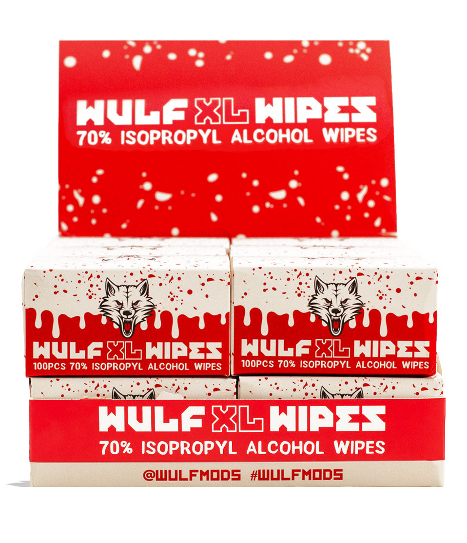 Wulf Mods Wipes 100pk Alcohol Cleaning Wipe 12pk Packaging Open 2 View on White Background