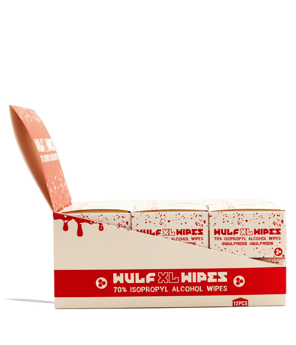 Wulf Mods Wipes 100pk Alcohol Cleaning Wipe 12pk Packaging Open Side 2 View on White Background