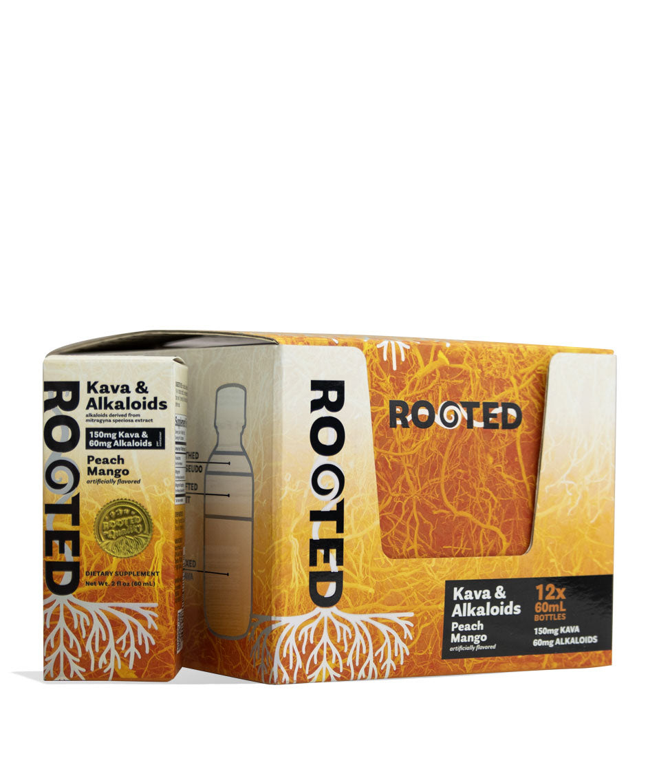 Peach Mango Rooted 150mg Kava and 60mg Alkaloids Shots 60ml 12pk on white background