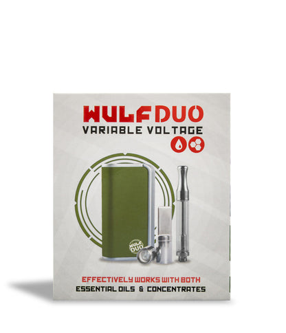 Green Box front view Wulf Mods Duo 2 in 1 Cartridge Vaporizer on white studio background