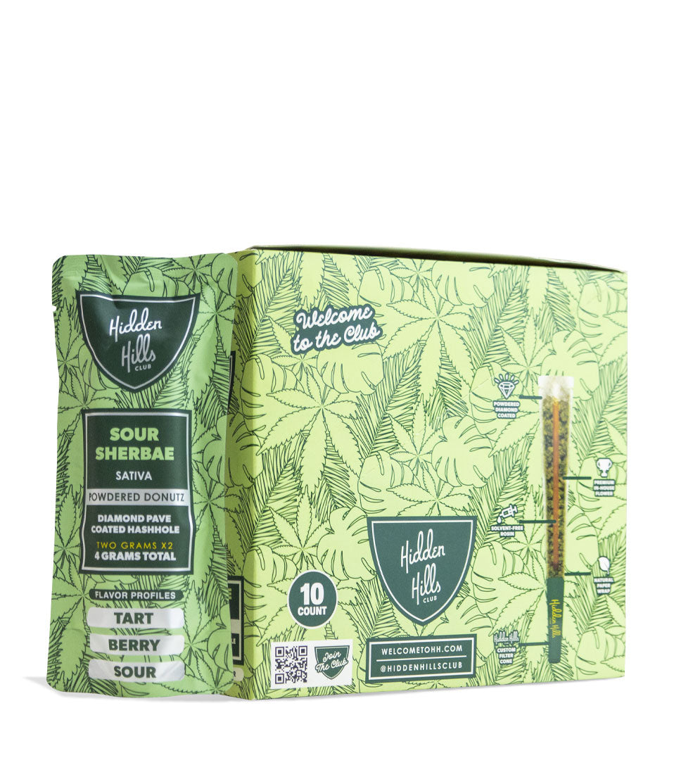 Sour Sherbae Hidden Hills Powdered Donutz THC-A Diamond Pave Coated Hashole 2g 2pk Pre Roll 10pk on white background