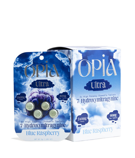 Blue Raspberry Opia 7-Hydroxymitragynine Ultra High Potency 4pk Chewable Tablets 60mg 10pk Front View on White Background