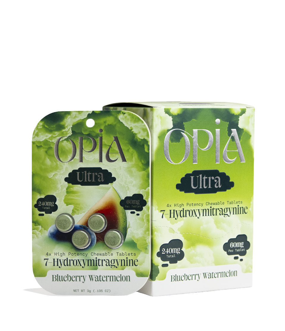 Blueberry Watermelon Opia 7-Hydroxymitragynine Ultra High Potency 4pk Chewable Tablets 60mg 10pk Front View on White Background