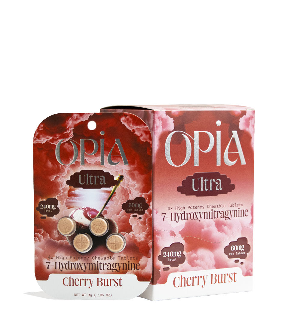 Cherry Burst Opia 7-Hydroxymitragynine Ultra High Potency 4pk Chewable Tablets 60mg 10pk Front View on White Background