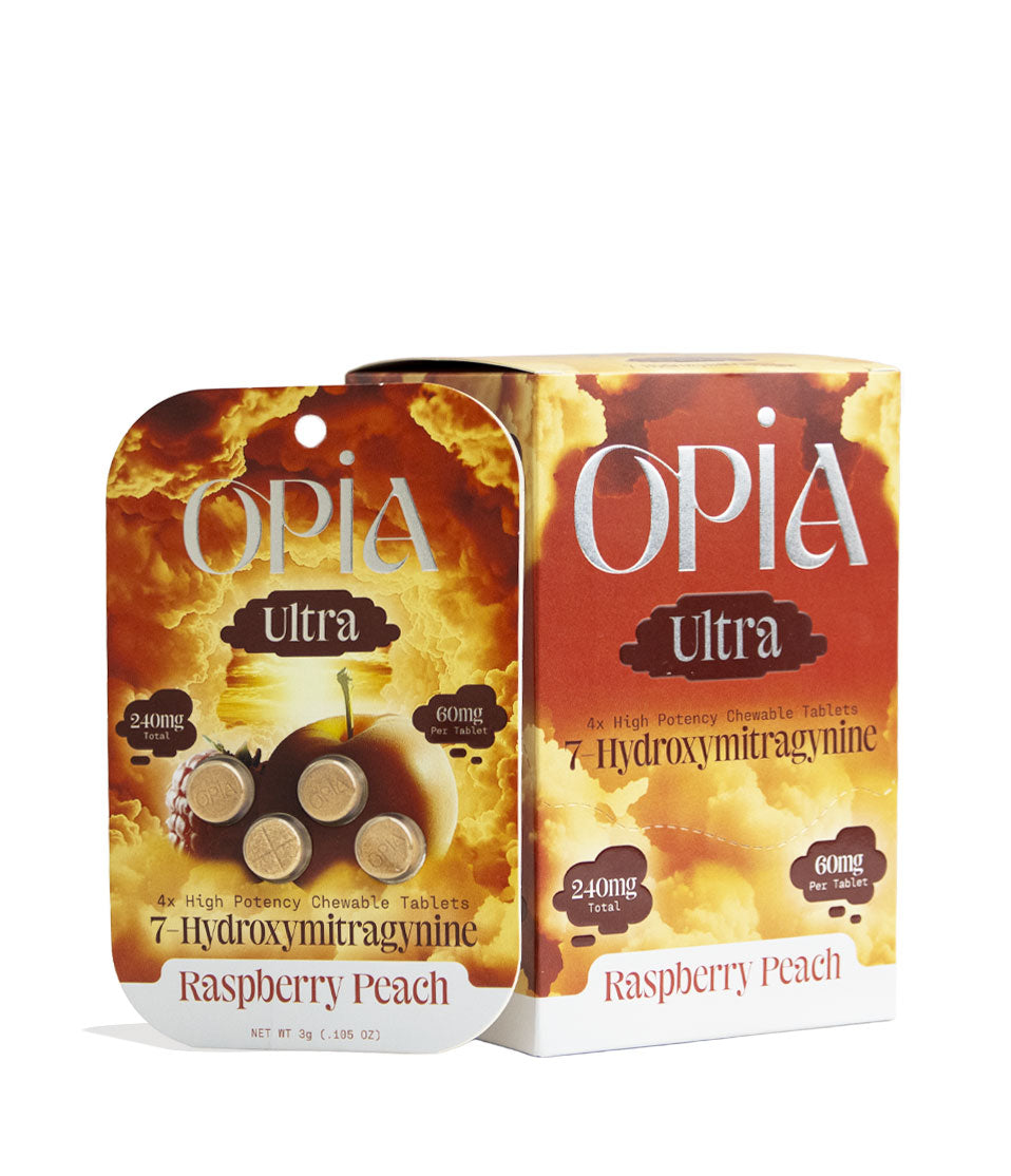 Raspberry Peach Opia 7-Hydroxymitragynine Ultra High Potency 4pk Chewable Tablets 60mg 10pk Front View on White Background