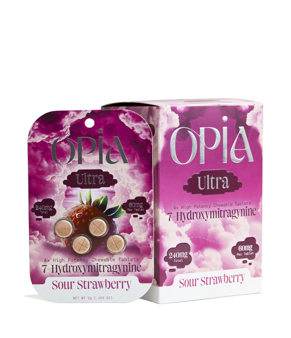 Sour Strawberry Opia 7-Hydroxymitragynine Ultra High Potency 4pk Chewable Tablets 60mg 10pk Front View on White Background