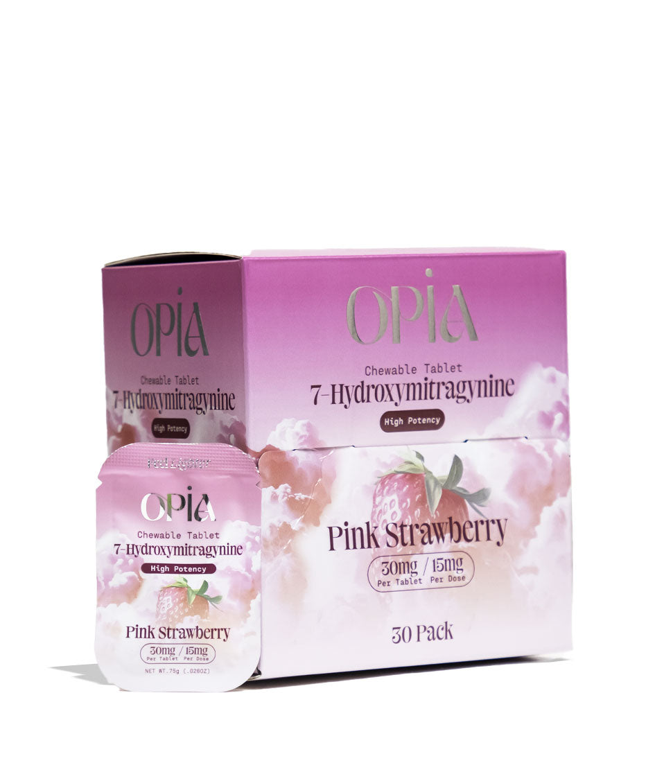 Pink Strawberry Opia 7-Hydroxymitragynine 1pk Chewable Tablets 30mg 30pk Front View on White Background