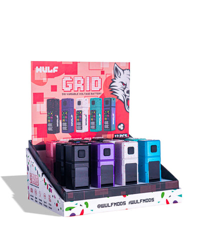 Wulf Mods Grid 510 Variable Voltage Battery 12pk side view with insert card on white background