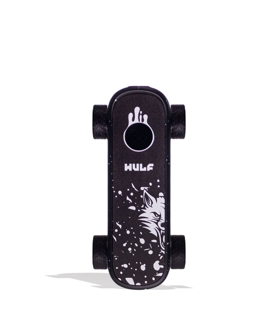 Black White Spatter Wulf Mods Deck Skateboard Voltage Battery 9pk Front View on White Background