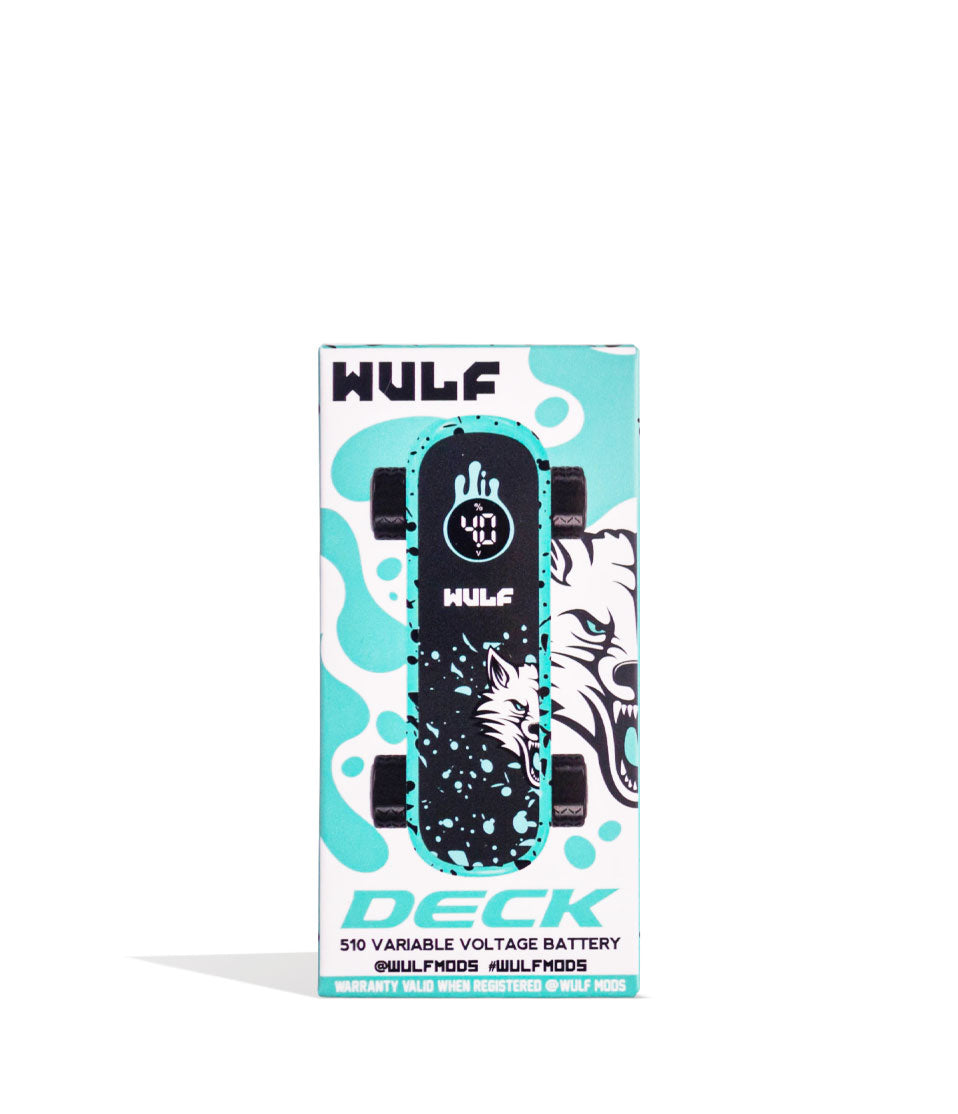 Teal Black Spatter Wulf Mods Deck Skateboard Voltage Battery 9pk Packaging Front View on White Background