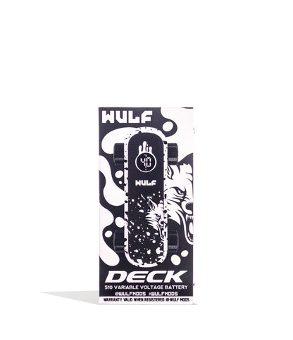 White Black Spatter Wulf Mods Deck Skateboard Voltage Battery 9pk Packaging Down View on White Background