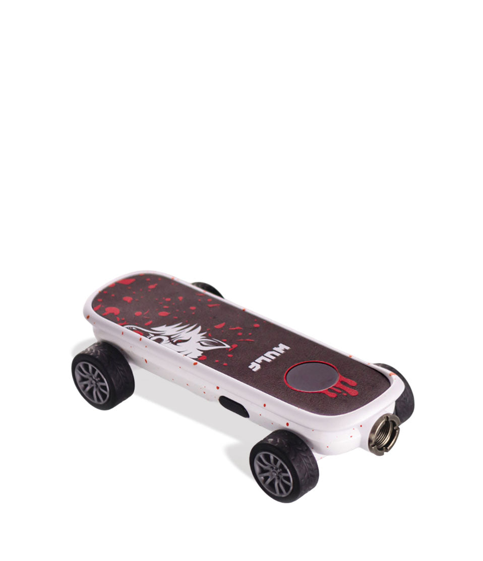 White Red Spatter Wulf Mods Deck Skateboard Voltage Battery 9pk Down View on White Background