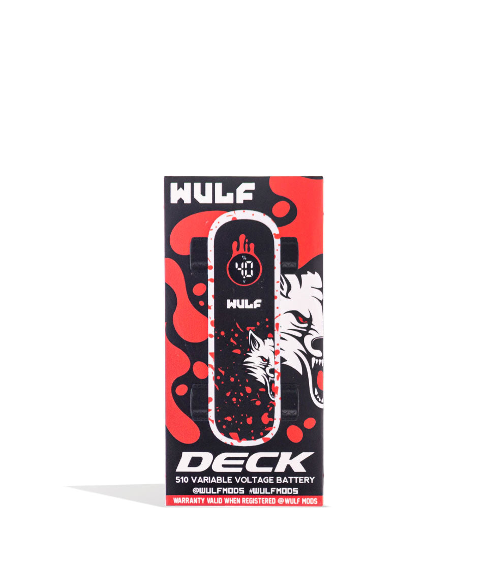 White Red Spatter Wulf Mods Deck Skateboard Voltage Battery 9pk Packaging Front View on White Background