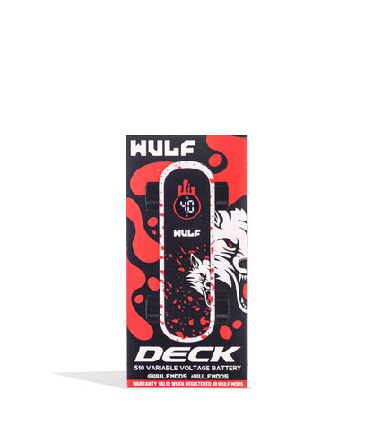 White Red Spatter Wulf Mods Deck Skateboard Voltage Battery 9pk Packaging Front View on White Background