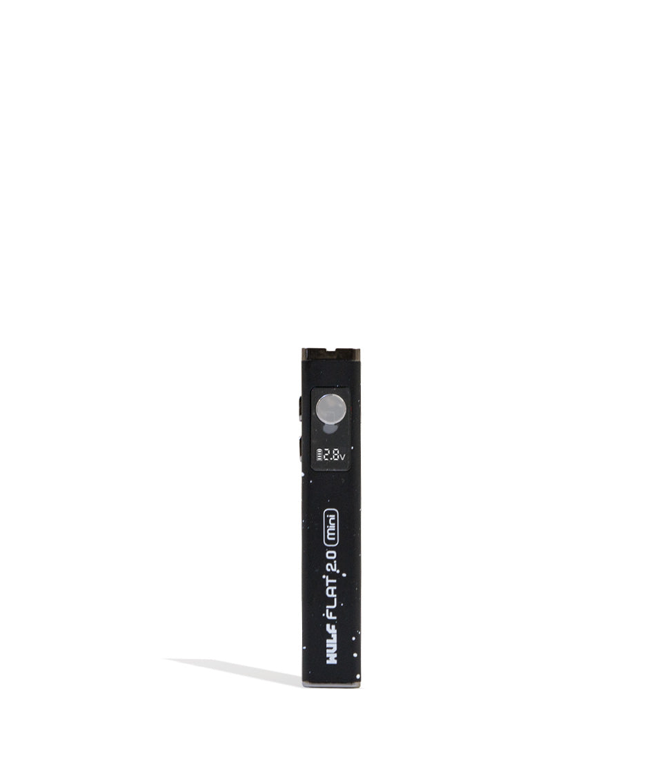 Black White Spatter Wulf Mods Flat Mini 2.0 Variable Voltage Battery 9pk Front View on White Background